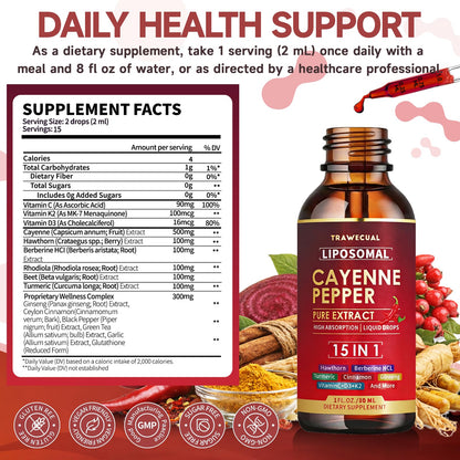 15 in1 Liposomal Cayenne Pepper Liquid Drops Supplement, with Vitamin D3 K2, Hawthorn, Berberine HCL, Beet Root, Turmeric, Cinnamon, Digestion, Circulatory Heath Support- 2 Fl Oz for 30 Days