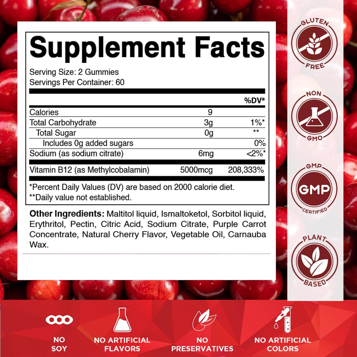 Vitamatic Methyl B12 5000 mcg, 120 Gummies, Natural Cherry Flavor | Extra Strength, Energy Metabolism Support and Nervous System Health Support*, Non-GMO, Gluten Free