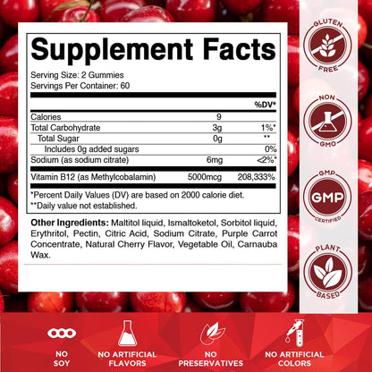 Vitamatic Methyl B12 5000 mcg, 120 Gummies, Natural Cherry Flavor | Extra Strength, Energy Metabolism Support and Nervous System Health Support*, Non-GMO, Gluten Free