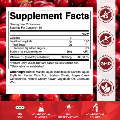 Vitamatic Methyl B12 5000 mcg, 120 Gummies, Natural Cherry Flavor | Extra Strength, Energy Metabolism Support and Nervous System Health Support*, Non-GMO, Gluten Free
