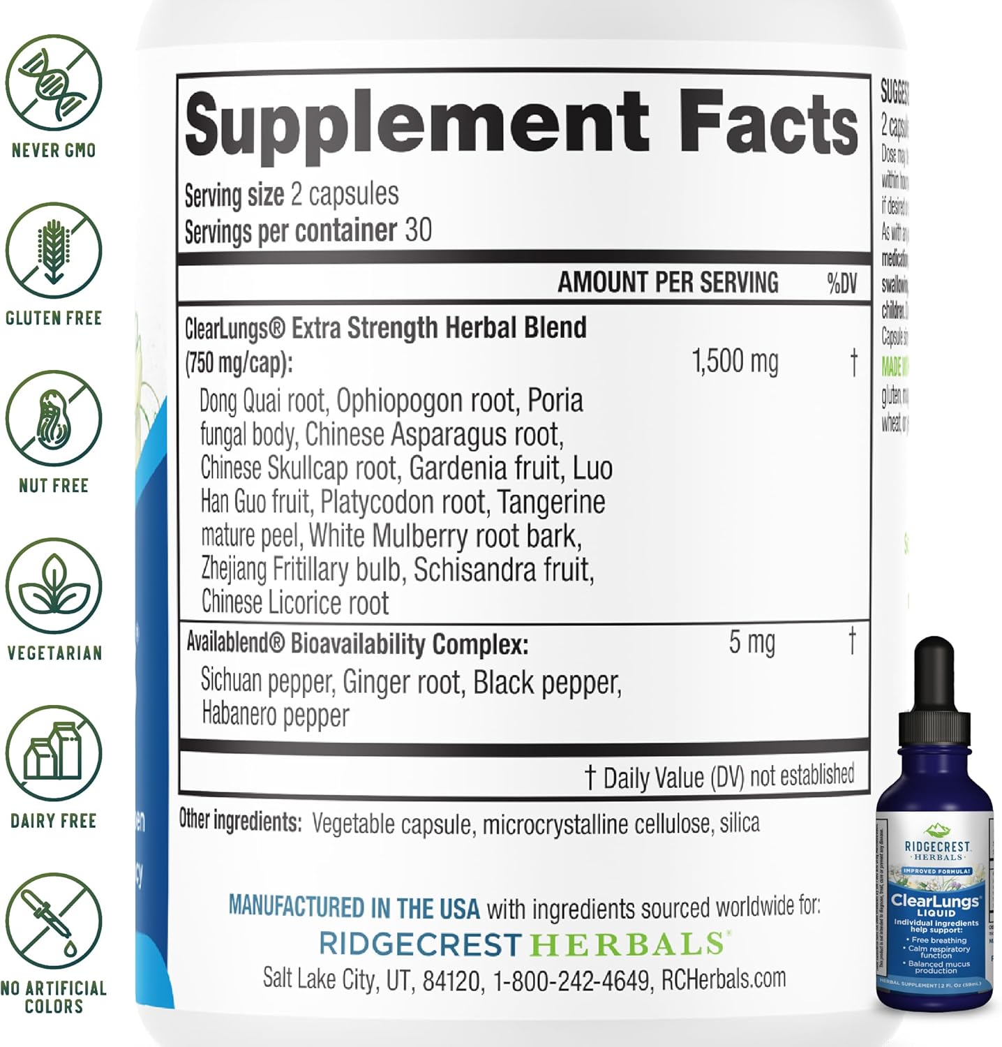 RidgeCrest Herbals ClearLungs Liquid Lung Support, Orange Flavor 2 fl oz | 29 Servings, Alcohol Free, for Adults and Kids, Natural Bronchial and Mucus Support, Nasal Wellness Herbal Formula