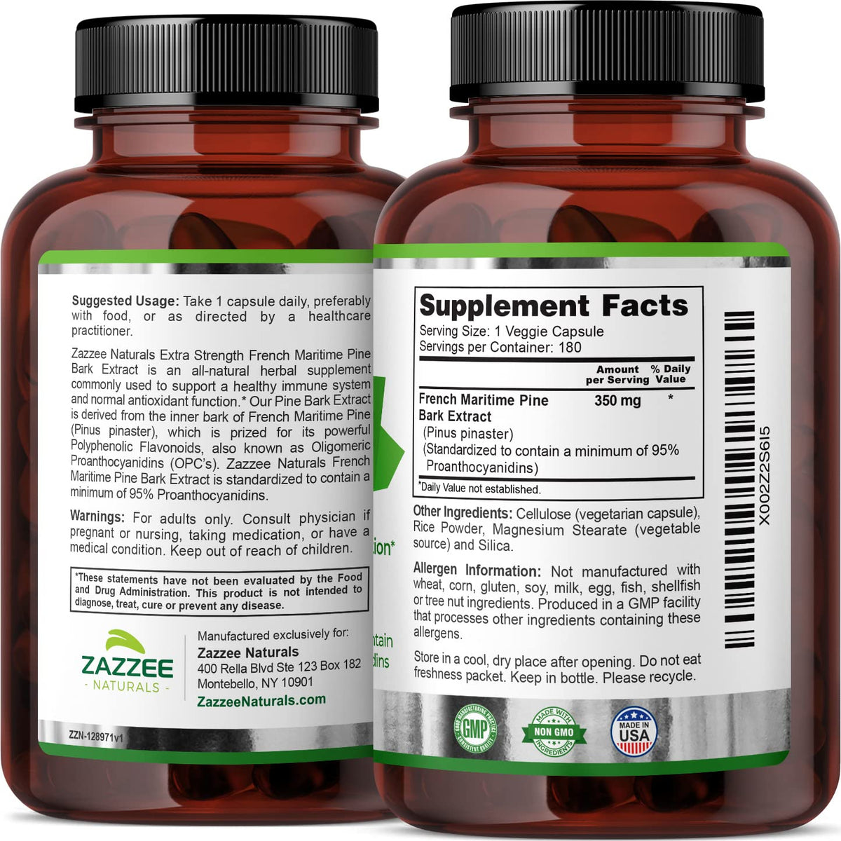 Zazzee Extra Strength French Maritime Pine Bark Extract, 350 mg Per Capsule