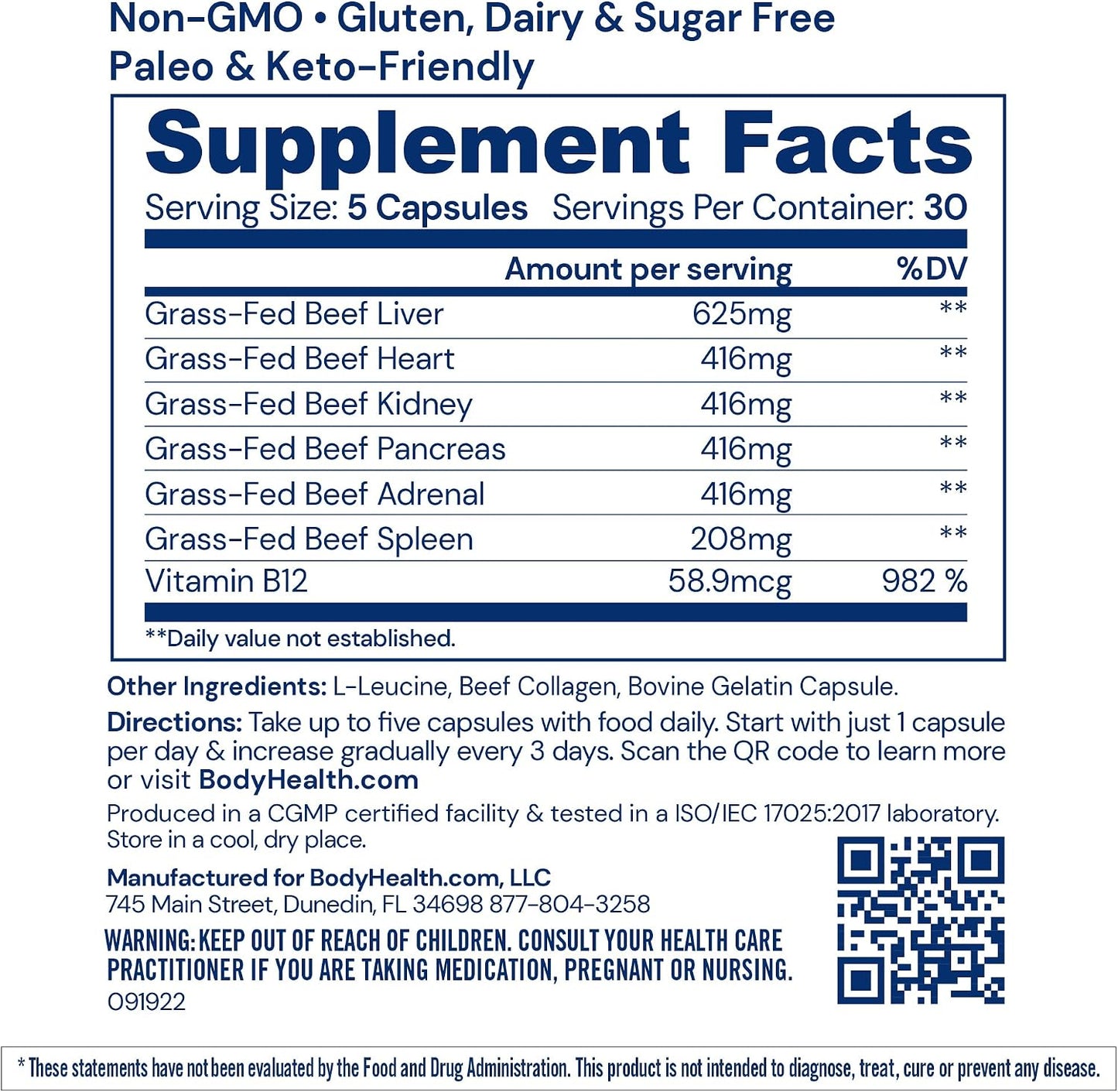 BodyHealth Organ+ Grass-Fed Glandular Organ Complex, Grassfed Beef Organ Supplement, Dessicated Beef Liver, Heart, Kidney, Pancreas, Spleen, Non GMO, Adrenal, Supplement, (150 Capsules)