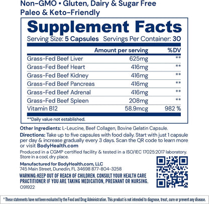 BodyHealth Organ+ Grass-Fed Glandular Organ Complex, Grassfed Beef Organ Supplement, Dessicated Beef Liver, Heart, Kidney, Pancreas, Spleen, Non GMO, Adrenal, Supplement, (150 Capsules)