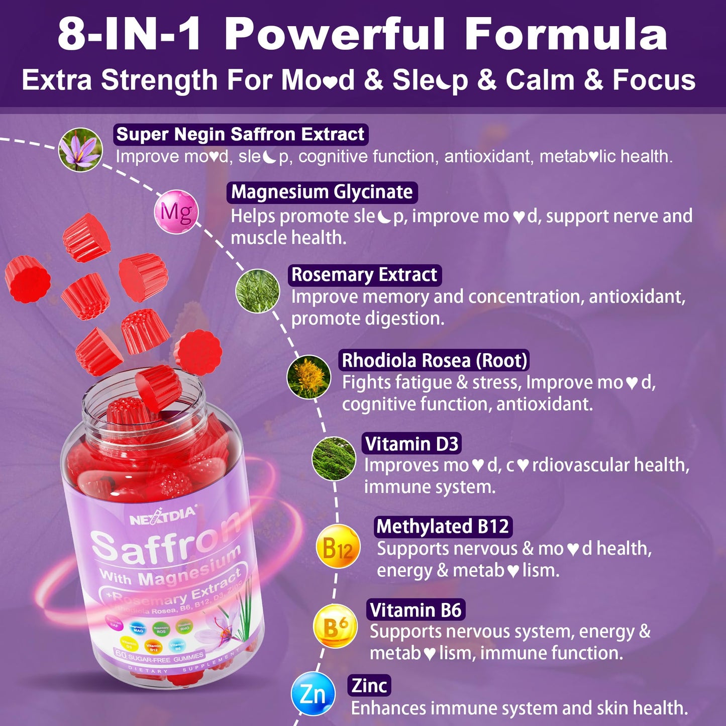 Happy Saffron Supplements Gummies - 4 Months Supply -Saffron Extract 177mg 88.5mg, w/ Magnesium Glycinate 400mg 200mg, Rhodiola, Rosemary, Vitamin D, B6 B12 for Rest, Mood, Calm, Focus, Sugar-Free