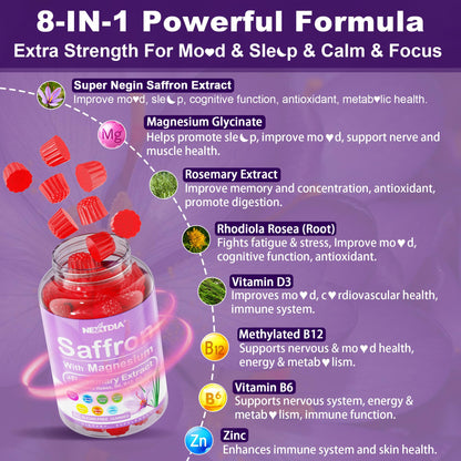 Happy Saffron Supplements Gummies - 4 Months Supply -Saffron Extract 177mg 88.5mg, w/ Magnesium Glycinate 400mg 200mg, Rhodiola, Rosemary, Vitamin D, B6 B12 for Rest, Mood, Calm, Focus, Sugar-Free