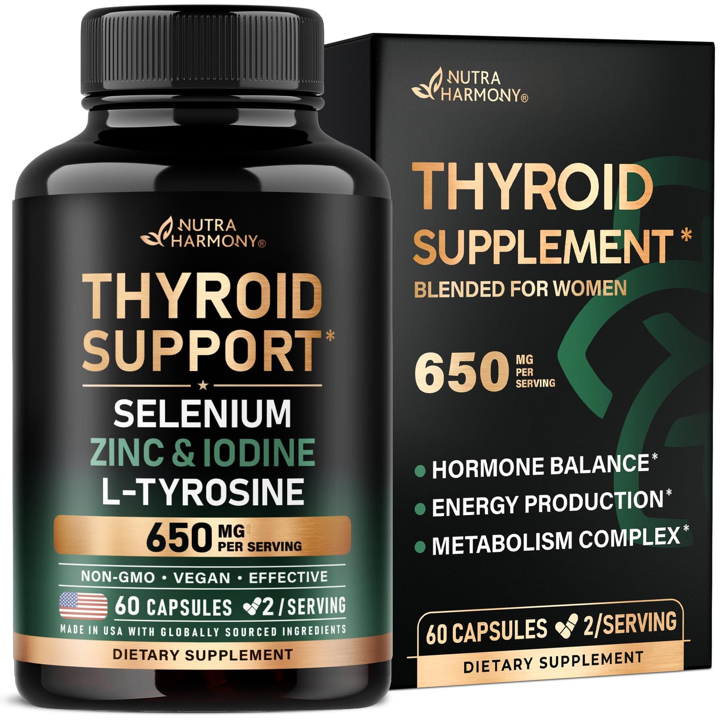 Thyroid Support for Women - Selenium 200 mcg | Astragalus | Zinc & Iodine | L-Tyrosine | Adaptogen Herbs - 21-in-1 Antioxidant & Immune Support - Vegan, Non-GMO - Lab Tested - 60 Capsules