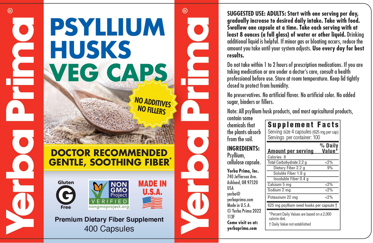 Yerba Prima Psyllium Husks Veg Caps, 400 Capsules (625mg) - Vegan, Non-GMO, Gluten Free, Colon Cleanser, Daily Fiber Supplement for Gut Health & Regularity