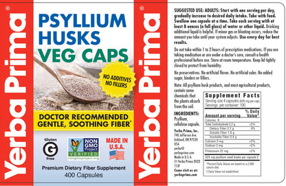 Yerba Prima Psyllium Husks Veg Caps, 400 Capsules (625mg) - Vegan, Non-GMO, Gluten Free, Colon Cleanser, Daily Fiber Supplement for Gut Health & Regularity