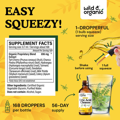 Wild & Organic Uric Acid Cleanse Liquid Drops - Tart Cherry, Turmeric, Celery, Chanca Piedra, Dandelion Root Extract Complex - Uric Acid Supplement - Vegan, Sugar & Alcohol-Free Tincture - 4 fl oz