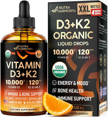 Vitamin D3 K2 USDA Organic Drops - Vitamin D3 10000 IU & K2 as MK-7 120mcg - Immune & Mood Support, Bone & Teeth Health - Sugar-Free, Orange Flavor - Liquid Supplement - 2 FL OZ, 60 Day Supply