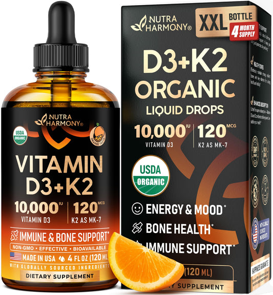 Vitamin D3 K2 USDA Organic Drops - Vitamin D3 10000 IU & K2 as MK-7 120mcg - Immune & Mood Support, Bone & Teeth Health - Sugar-Free, Orange Flavor - Liquid Supplement - 2 FL OZ, 60 Day Supply