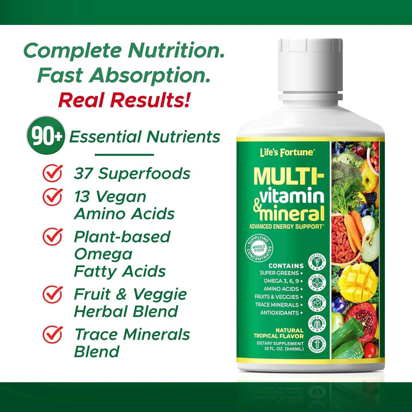 Life’s Fortune Liquid Multivitamin for Adults and Seniors – Fast Absorption Vitamins and Minerals with 90+ Nutrients for Energy and Immune Support – Easy to Digest, Sugar Free, Tropical Flavor, 32 oz