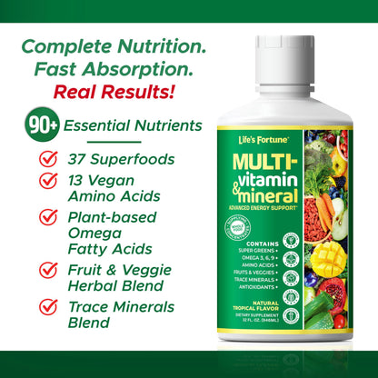 Life’s Fortune Liquid Multivitamin for Adults and Seniors – Fast Absorption Vitamins and Minerals with 90+ Nutrients for Energy and Immune Support – Easy to Digest, Sugar Free, Tropical Flavor, 32 oz