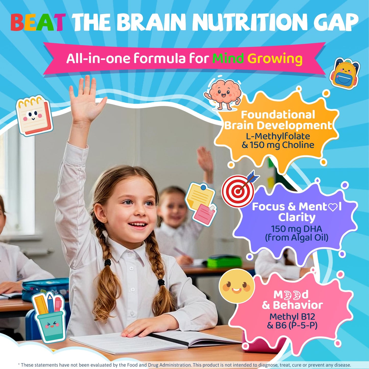 L Methylfolate for Kids Gummies, Active 5-MTHF + Methyl B12, B6, Choline & Vegan DHA, Methylated Vitamins for Kids, MTHFR Supplement Support Mood, Bēhavior, Cognition, Brain, Focus, Sugar Free, 2 Pack