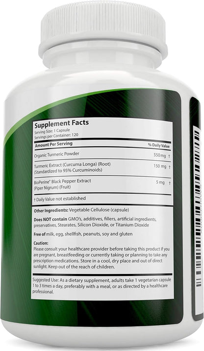 Turmeric Curcumin Supplement, Black Pepper, 95% Curcuminoid, 4 Month Supply | High-Absorption Formula, 700mg Per Serving, Once-Daily Turmeric with Black Pepper Curcumin Supplements, Non-GMO, 120 Capsules