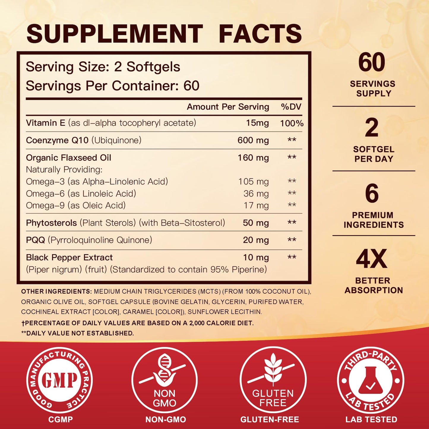 CoQ10 600 mg Softgels CoQ10 Supplement - CQ10 Coenzyme-Q10 w/ Omega 3 & PQQ & Vitamin E Support Heart & Antioxidant, CoQ10 400mg Softgels, 60 Servings