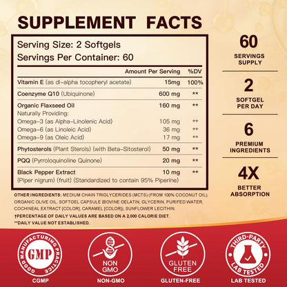 CoQ10 600 mg Softgels CoQ10 Supplement - CQ10 Coenzyme-Q10 w/ Omega 3 & PQQ & Vitamin E Support Heart & Antioxidant, CoQ10 400mg Softgels, 60 Servings