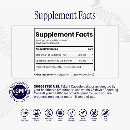 Rho Nutrition Liposomal Berberine Capsules - Ultra High Absorption Supplement – Supports Immune Function, Gut Health and Metabolic and Cardiovascular Health (60 Capsules)