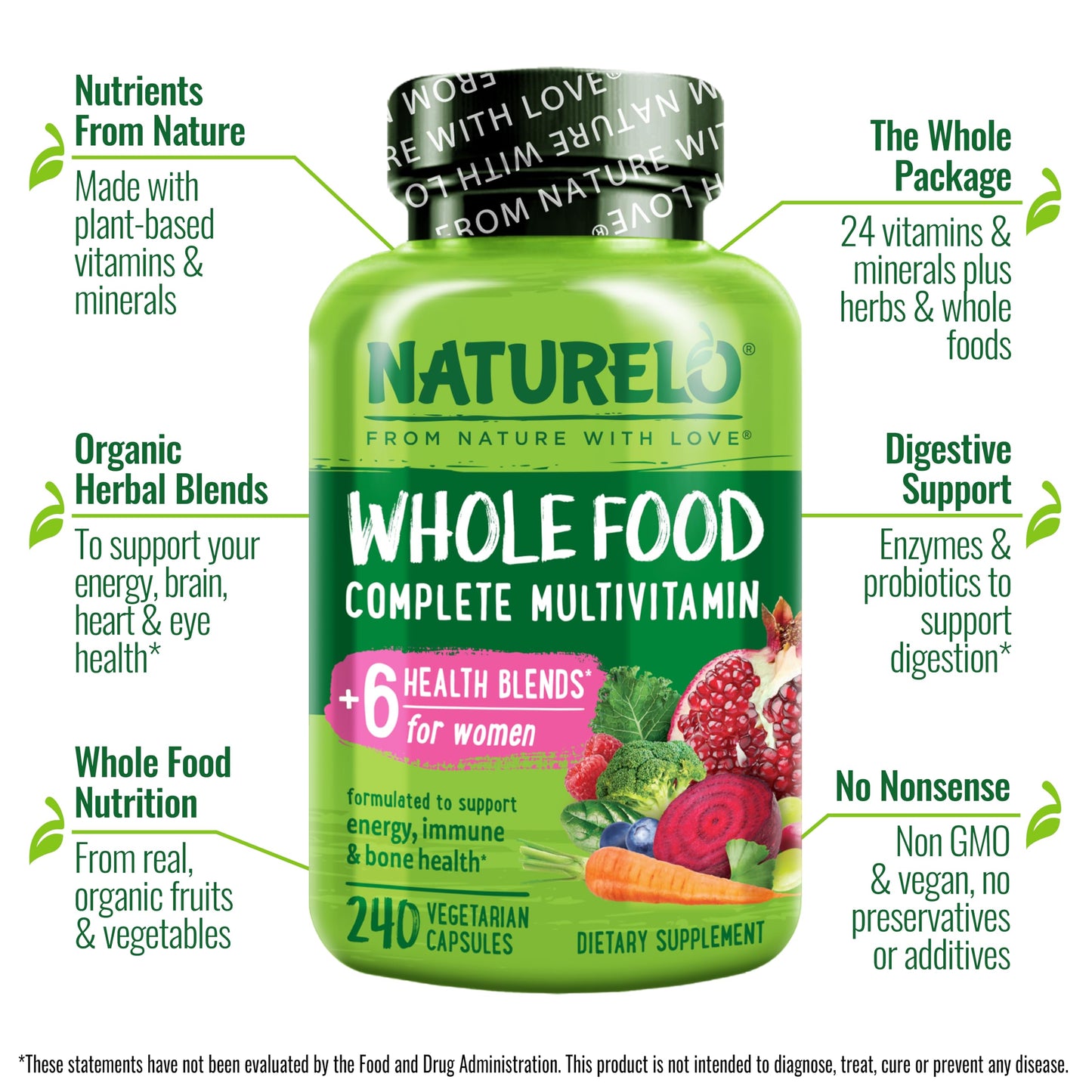 NATURELO Whole Food Multivitamin for Women - with Vitamins, Minerals, & Organic Extracts - Supplement for Energy and Heart Health - Non GMO - 120 Vegan Capsules