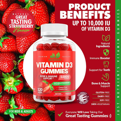 Vitamin D3 5000/10000 IU Gummies for Adults & Kids (120 Count) | Maximum Strength Support for Immune System, Bones & Teeth - Gluten-Free, Great Tasting Strawberry Flavor - 4 Month Supply