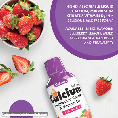 Bluebonnet Nutrition Liquid Calcium Citrate, Magnesium, Vitamin D3, Bone Health, Gluten Free, Soy Free, Milk Free, Kosher, 16 fl oz, 32 Servings, Mixed Berry Flavor
