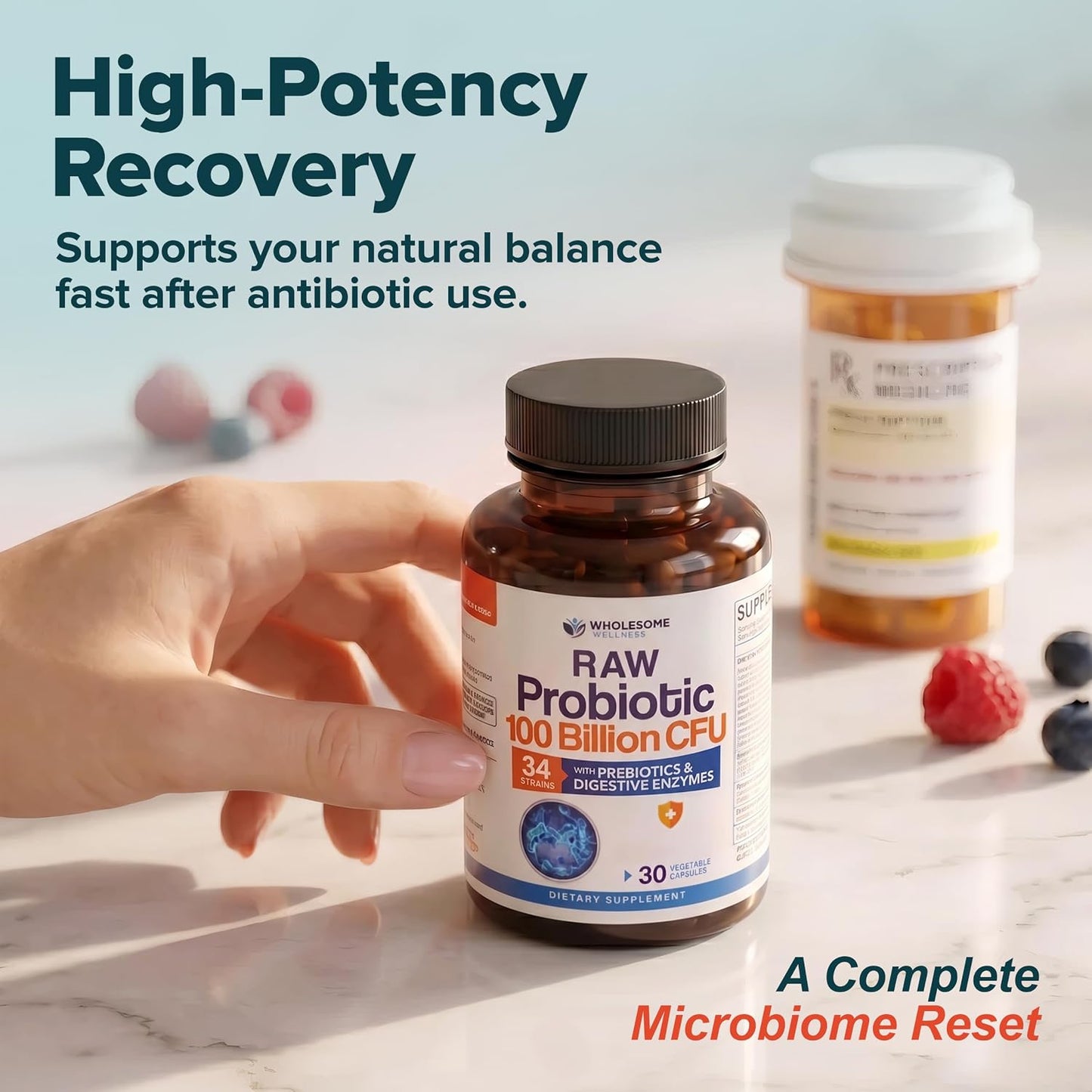 Wholesome Wellness Organic Raw Probiotics 100 Billion CFU, Dr Formulated for Women and Men, Complete Adult Supplement with Prebiotics and Digestive Enzymes; 30 Capsules, Shelf Stable