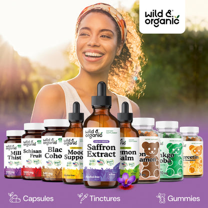 Wild & Organic Saffron Supplements 88.5 mg - Mood, Focus & Eye Support - Saffron Extract Liquid Drops - Add to Tea - 5-Month Supply - Crocus Sativus Herb - Vegan, Sugar & Alcohol-Free Tincture - 4 oz