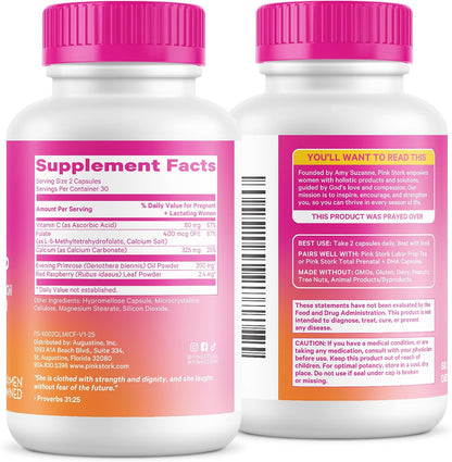 Pink Stork Labor Prep Supplement – Evening Primrose Oil & Red Raspberry Leaf for Third Trimester, Gentle Labor & Postpartum Support, Pregnancy & Breastfeeding Safe, 60 Vegan Capsules