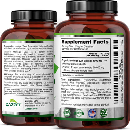 Zazzee USDA Organic Moringa Leaf 20:1 Extract, 180 Vegan Capsules, 3 Month Supply, Certified Kosher, Moringa Oleifera, Antioxidant, Immune & Cellular Support, Superfood Supplement, Made in the USA