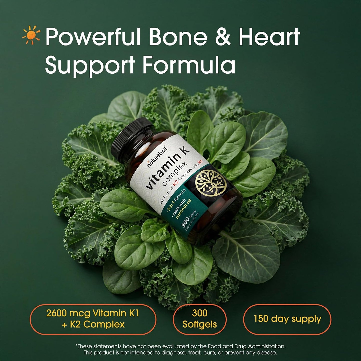 NatureBell Vitamin K Complex - 300 Softgels - Delivers 2,600mcg Vitamin K - Full Spectrum Bone & Heart Health Support Supplement - High Absorption K1 & K2 MK-4 & MK-7*