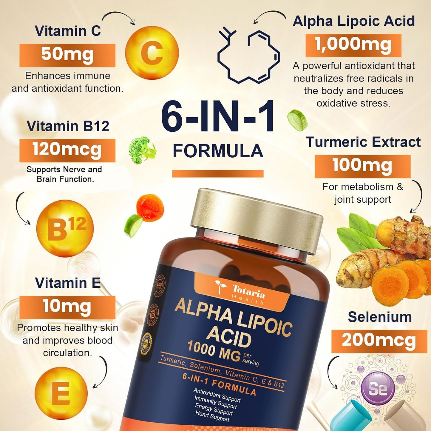 Totaria Alpha Lipoic Acid 1000mg - ALA Supplement Antioxidant for Neuropathy Support Nerve Health, Liver Detox, Antioxidant, Metabolism and Cell Energy, Anti-Aging - Non-GMO, Gluten Free, Vegan Safe
