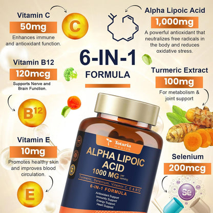 Totaria Alpha Lipoic Acid 1000mg - ALA Supplement Antioxidant for Neuropathy Support Nerve Health, Liver Detox, Antioxidant, Metabolism and Cell Energy, Anti-Aging - Non-GMO, Gluten Free, Vegan Safe