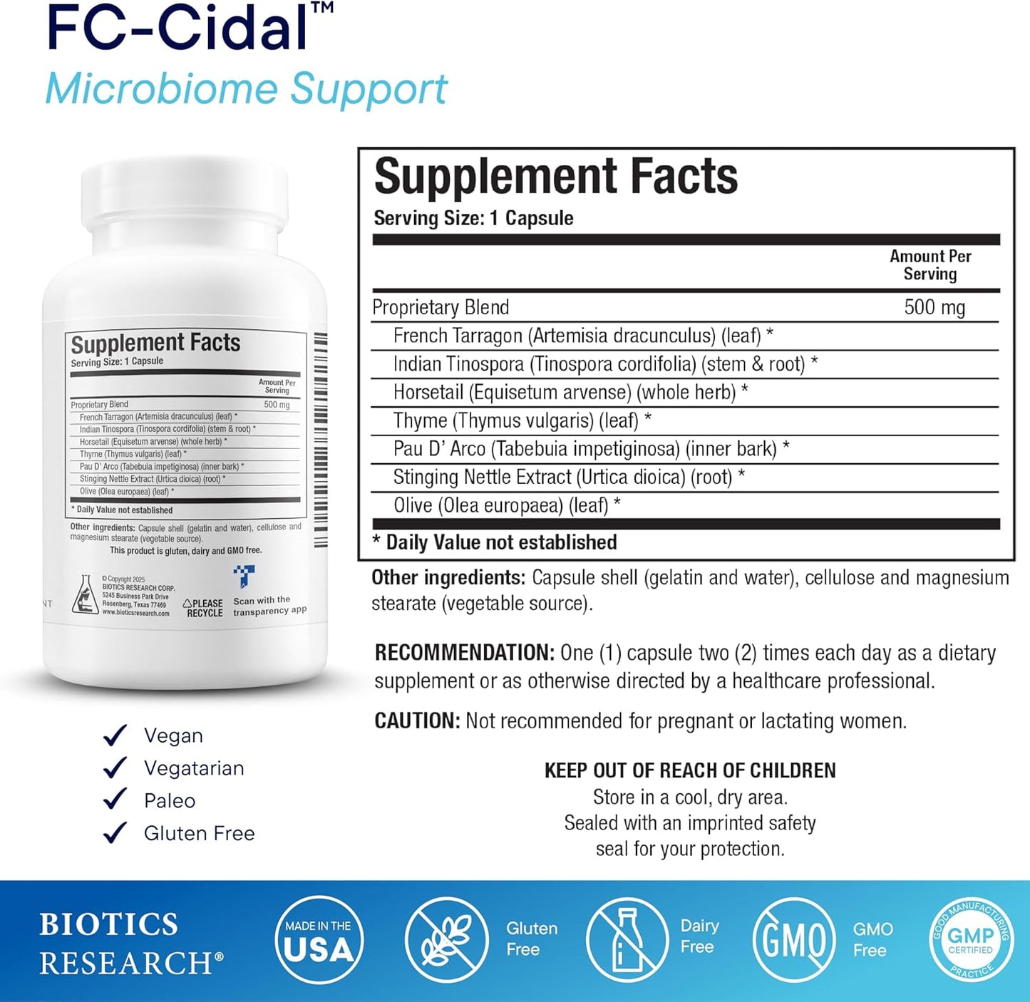 BIOTICS RESEARCH FC Cidal™ Herbal Blend Complete GI Gut Health for Women & Men- 500 mg/Serving - 7 Herbs Proprietary Blend Supplement Supports Healthy GI Function and Microbial Balance 120 Capsules