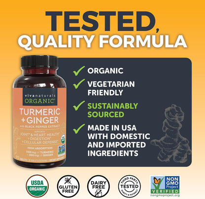 Viva Naturals Turmeric and Ginger Supplement with Black Pepper for Better Absorption - Organic Turmeric Curcumin to Support Joint, Heart and Digestive Health, Non-GMO - 120 Tablets