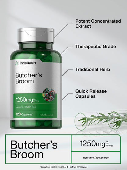 Butchers Broom Capsules 1250mg | 120 Count | Non-GMO, Gluten Free | Traditional Herb
