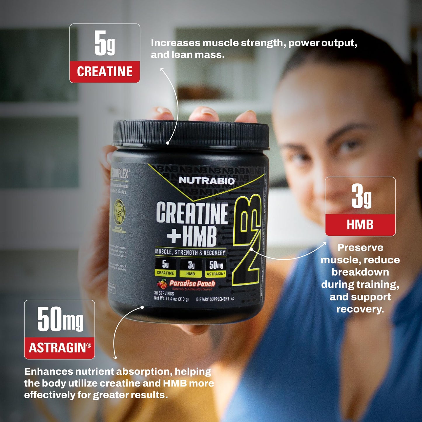 NutraBio Creatine + HMB- Creatine Monohydrate with HMB Powder for Muscle Growth, Increased Strength- 30 Servings (Unflavored)