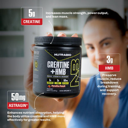 NutraBio Creatine + HMB- Creatine Monohydrate with HMB Powder for Muscle Growth, Increased Strength- 30 Servings (Unflavored)