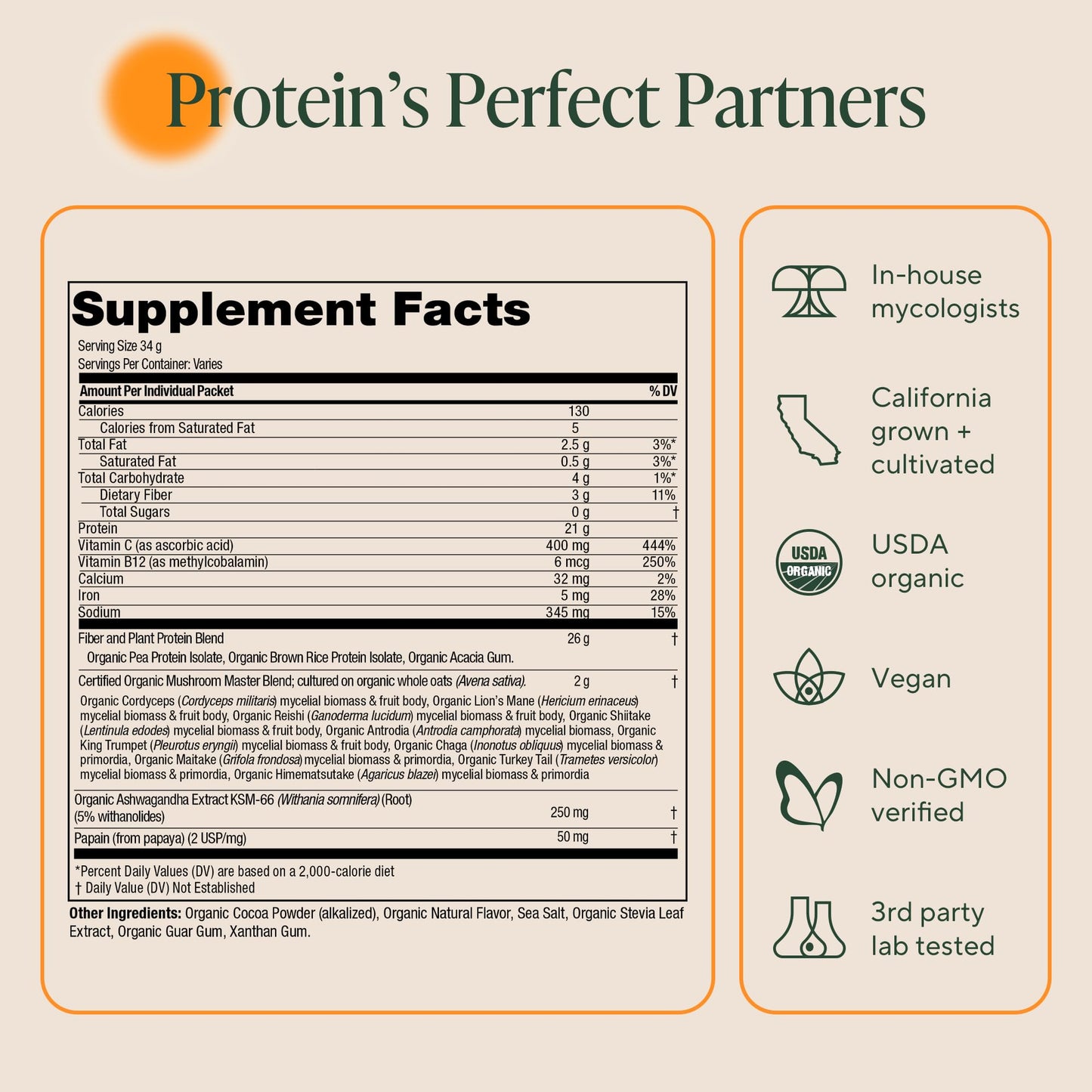 OM MUSHROOM SUPERFOOD Master Blend Vegan Protein – Organic Vanilla Plant Protein Powder, GLP-1 Friendly, Excellent Source of Protein, Good Source of Fiber, 10 Functional Mushrooms – 16 Servings