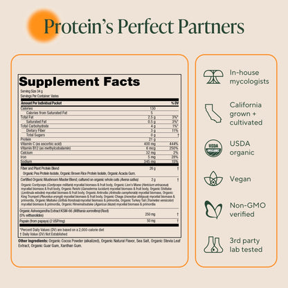 OM MUSHROOM SUPERFOOD Master Blend Vegan Protein – Organic Vanilla Plant Protein Powder, GLP-1 Friendly, Excellent Source of Protein, Good Source of Fiber, 10 Functional Mushrooms – 16 Servings