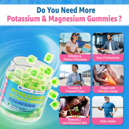 Potassium Citrate 1666mg Gummies + Magnesium Glycinate + Zinc, Potassium Supplement for Adults Women Men, Sugar Free Electrolyte Balance Gummies w/B6, B12 & C for Hydration, Leg Cramps & Energy, 60Cts