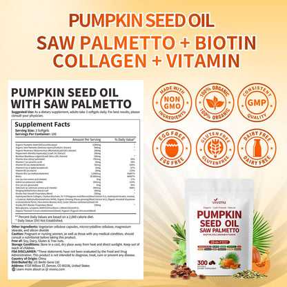 VivoNu Pumpkin Seed Oil with Saw Palmetto Capsules | 4500mg | 300 Count| 33 in 1 Vitamin C D3 B12 E A, Castor, Zinc, Biotin, Iron, Peppermint | Hair Growth & DHT Blocker for Women Men | 300 Count| 33 in 1 Vitamin C D3 B12 E A, Castor, Zinc, Biotin, Iron,
