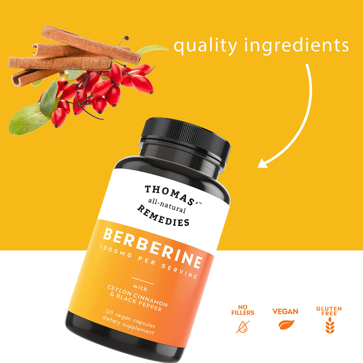 Thomas' all-natural Remedies Berberine 500mg (1000mg Per Serving)- 120 Vegan Capsules