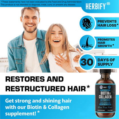 HERBIFY Liquid Biotin and Collagen Drops for Women & Men, 30 Days of Supply - Support Hair, Skin & Nails - Liquid Collagen for Women - 2 FL Oz Made in USA