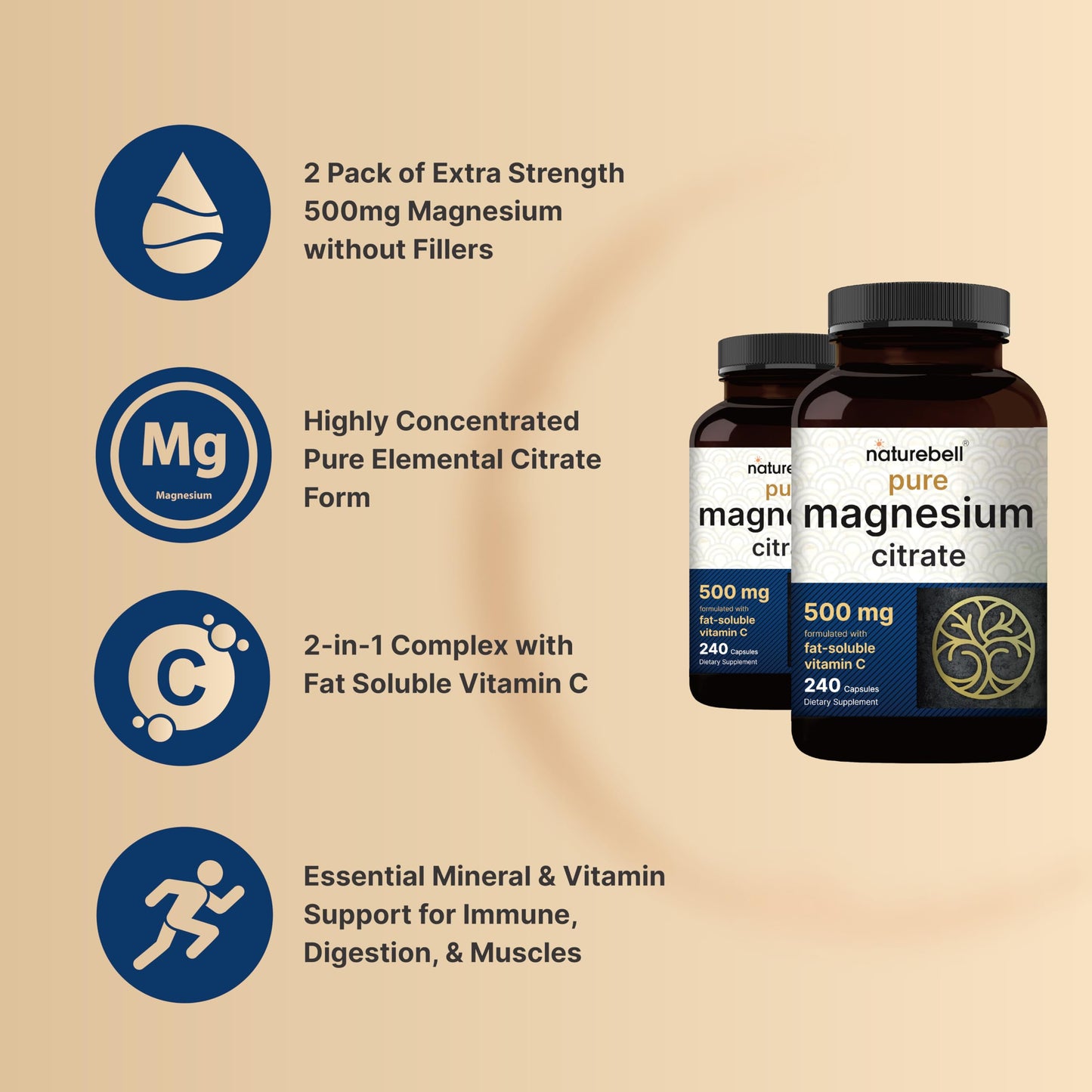 NatureBell Pure Magnesium Citrate 500mg per 3 Capsules Serving Size, 240 Capsules per Bottle | High-Purity Elemental Form | Non-GMO, Gluten-Free