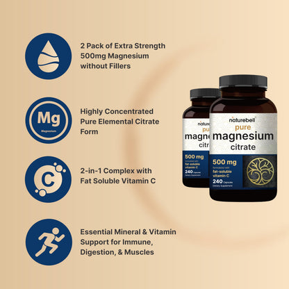 NatureBell Pure Magnesium Citrate 500mg per 3 Capsules Serving Size, 240 Capsules per Bottle | High-Purity Elemental Form | Non-GMO, Gluten-Free