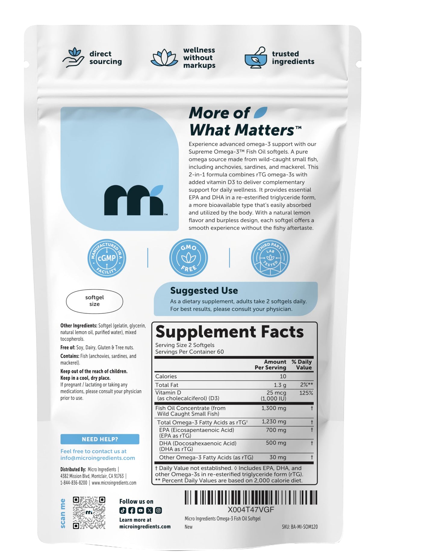 Micro Ingredients Supreme Omega-3 Fish Oil w/Ultra High EPA & DHA, Burpless Softgels | rTG Omega-3 with Vitamin D3 | Wild-Caught Cold Deep-Sea Fish | Lemon Flavor, Easy to Swallow, 60ct