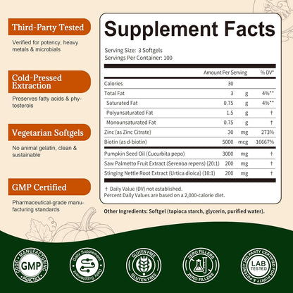 Pumpkin Seed Oil with Saw Palmetto Capsules for Men & Women – Biotin Stinging Nettle Root Zinc – DHT Blocker & Hair Growth Support – Cold Pressed,Essential Fatty Acids & Phytosterols – 300 Softgels