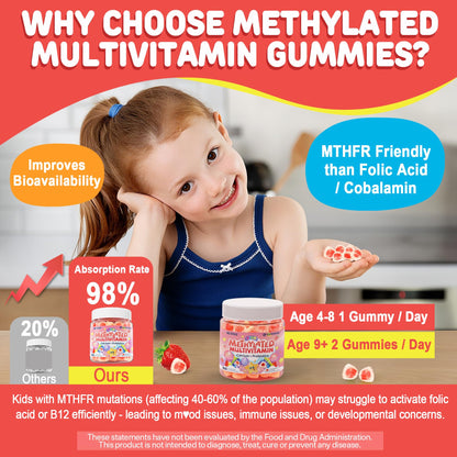Kids Multivitamin Gummies + Calcium, Probiotics, Vitamin D3, C, Methylated B12 & Methylfolate, B6, A, K2, E, Zinc, Prebiotics for Children Ages 4+, Clean & Sugar Free, for Nutritional Support, 60 Cts