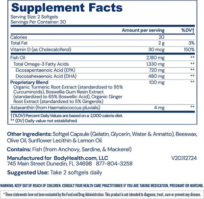 BodyHealth Omega 3 Health, Fish Oil Supplement for Women and Men, Heart and Brain Health, Fish Oil Pills, Fatty Acid Supplements, Omega 3 Vitamins - 60 Soft Gels